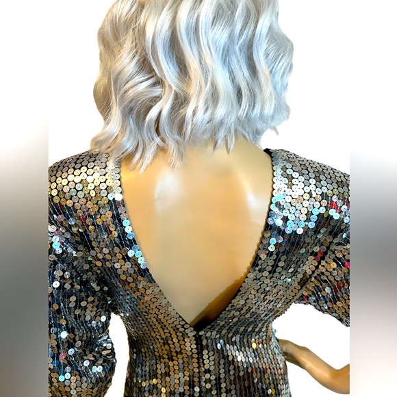 Oleg Cassini EUC Size 12 Vintage Silver Sequined 70s Disco Mini Dress (0470) - Picture 9 of 11
